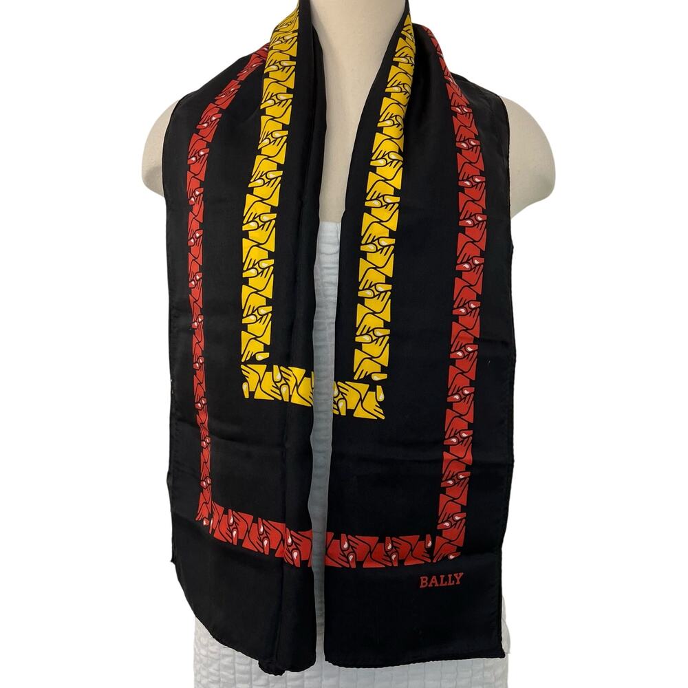 BALLY Silk Oblong Printed Scarf Made in France Holding Hands Black Yellow Red